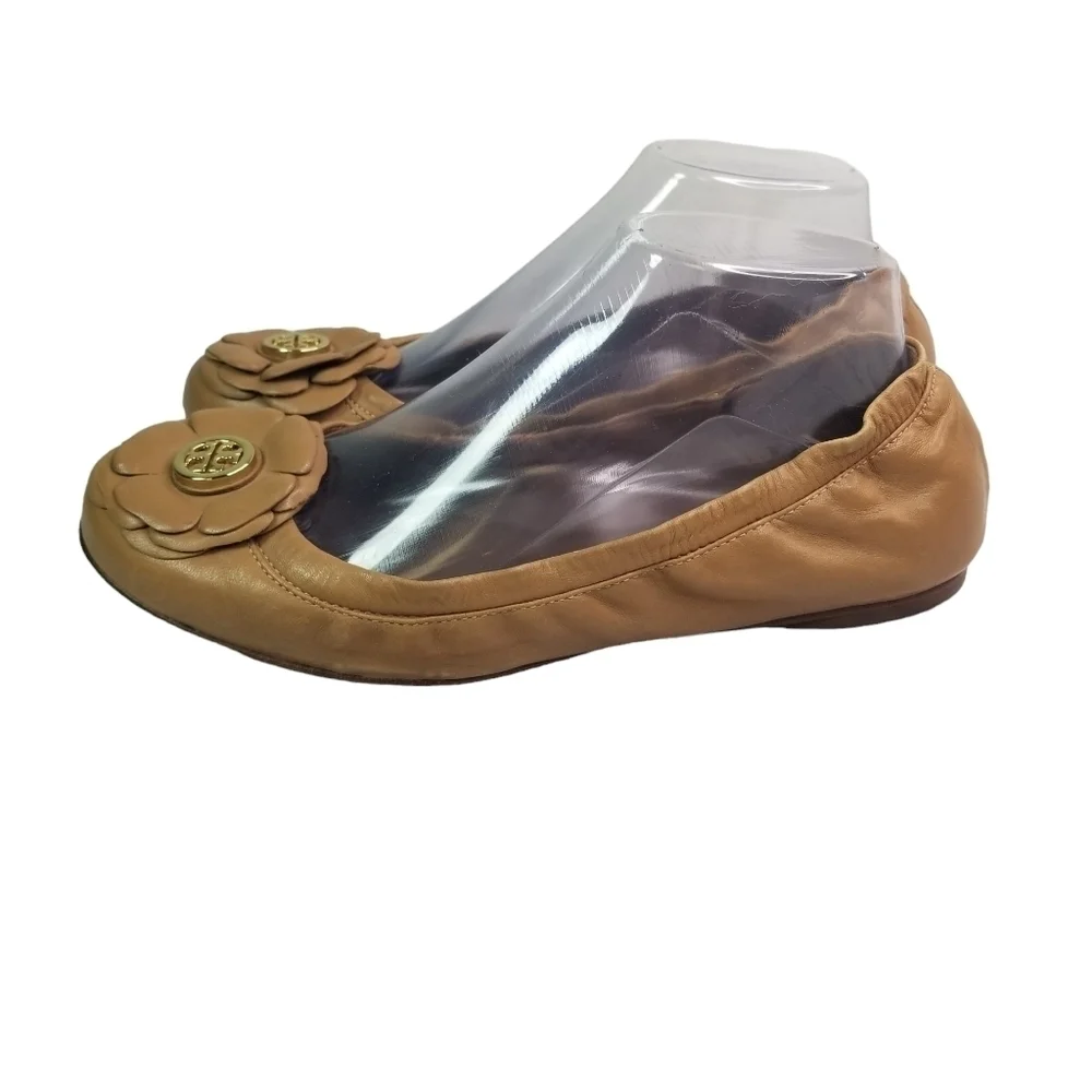 Tory Burch Shelby tan leather ballet slip on flats